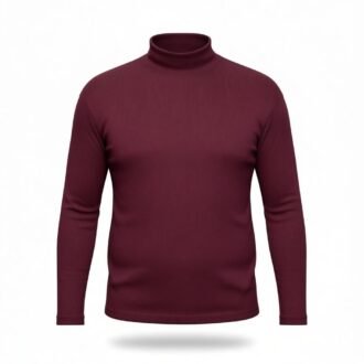 Maroon mock neck sweater with long sleeves shown on a clean white background