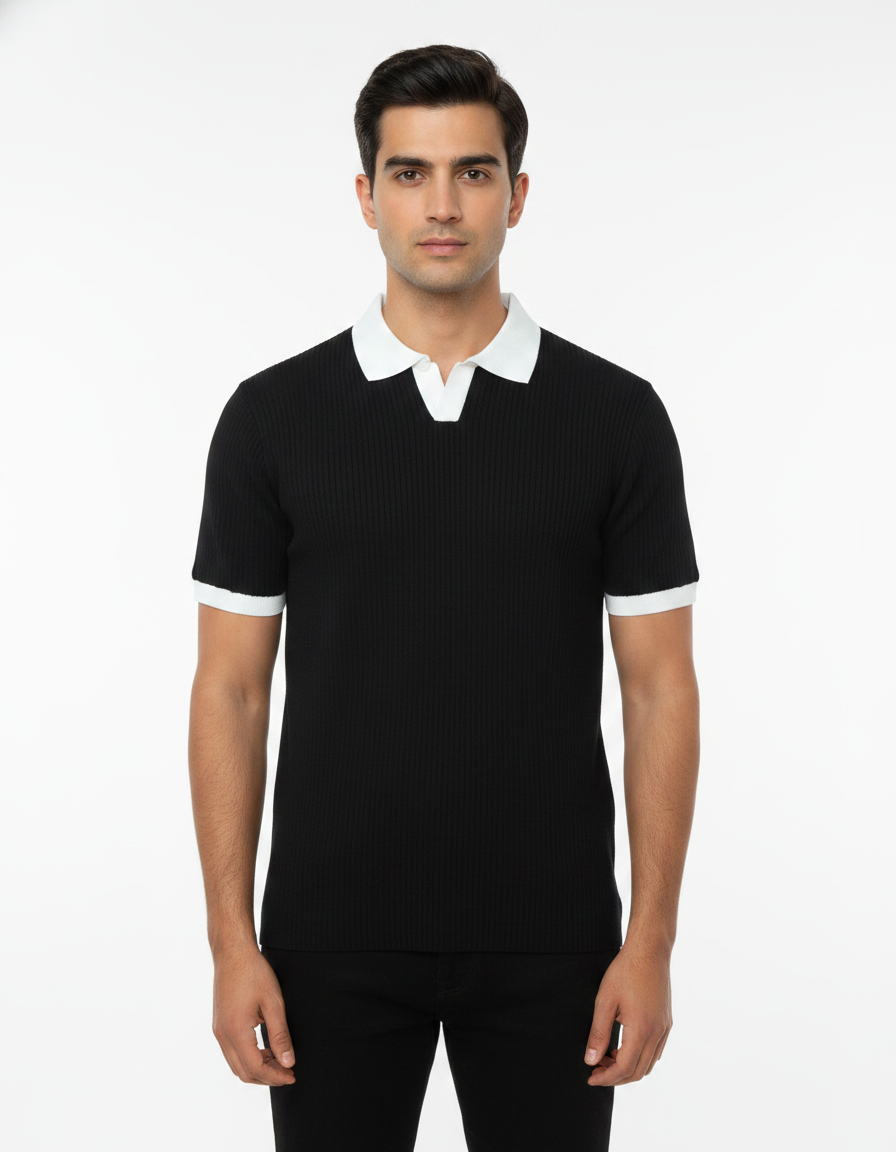 A boy wearing black Polo T-Shirt