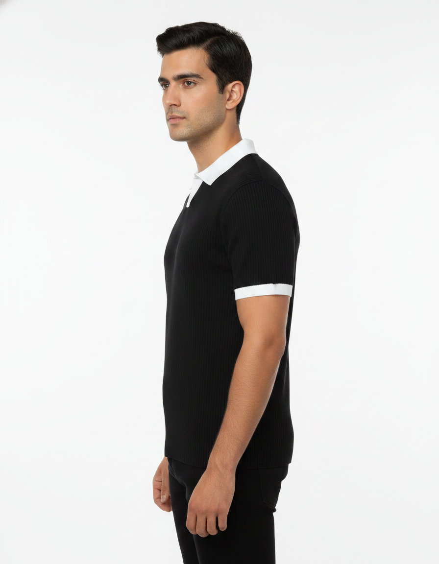 Side view of a boy wearing black Polo T-Shirt